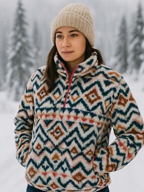 Eddie Bauer Women's Aztec Sherpa Fleece 1/4 Zip Pullover Jacket Southwest M